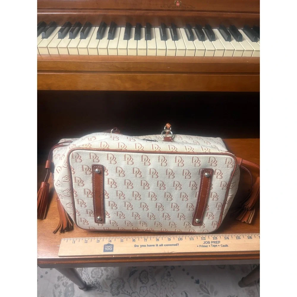 Dooney & Bourke DB Monogram Canvas Tote Bag Tassels‎ Leather Trim Large